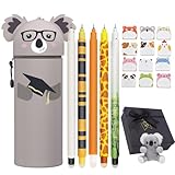 DGTSYAL Estuche Lápices Silicona Blanda 2 en 1 - Juego de papelería, Bolígrafo de Gel borrable, Tema Animal, Tinta Negra, Portalápices de Mesa, para niños y niñas (Caja Gorras Koala B)