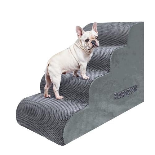 PAWSCART Dog Stairs for Small Dogs and Cats, 4-Step Dog Steps for Bed, 19.6" H Pet Stairs for High Bed, Pet Ramp for Couch, Sofa, Non-Slip Surface Removable Washable Cover, Grey