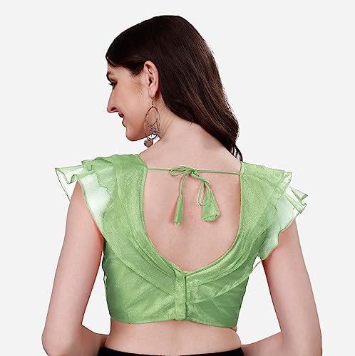 Image of Pujia Mills Women's V Neck Orgenza Three Layer Ruffle Sleeve Frill Readymade Saree Blouse