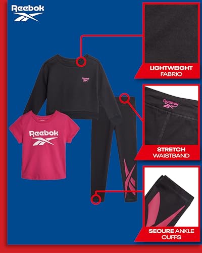Reebok Toddler Little Girls Athletic Sets - 3 Piece Graphic Tee Shirt, Sweatshirt, and Active Legging Pants Girls Workout Set2