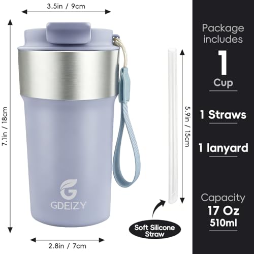 Image of Insulated Travel Coffee Mug, 17oz Stainless Steel Leakproof Flip Straw Cup