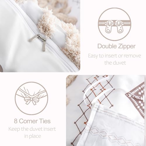 Image of MOVE OVER 100% Cotton Tufted Duvet Cover Set Queen 3 Pieces Beige Boho Chic Farmhouse Bedding Set with Zipper Closure and Ties Western Aztec Comforter Cover All Seasons