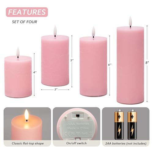 Image of Pink Flameless Candles, Real Wax Pillar Battery Operated Candles, Flat Top Flickering LED Pillar Candles with Remote, 4 Pack Fake Candles for Home Party Wedding Romantic Night Decor