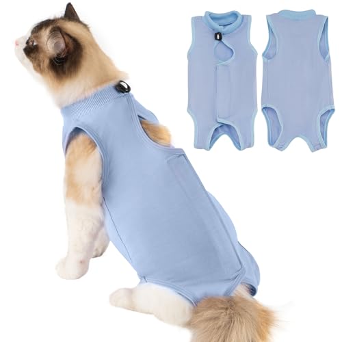 Avont Cat Recovery Suit Post-Surgery Onesie, Breathable Cone-of-Shame Alternative Bodysuit for Spayed Female Kittens, Skin Abdonminal Wound Care -Blue(S)