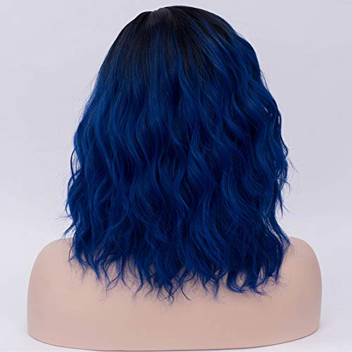 Image of BERON Black and Blue Wigs for Women Girls Short Curly Bob Wavy Hair Wig Ombre Dark Blue Body Wave Heat Resistant Synthetic Cosplay Daily Party Wigs