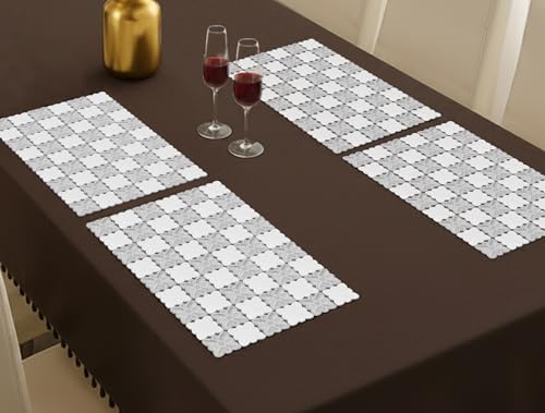 Image of Yellow Weaves 4 Pcs PVC Table Placemats, Dining Table Mat, Stain Resistant, Anti-Skid, Waterproof, Washable, Dining, Kitchen, Restaurant Table Set Easy to Clean, Durable (Floral Silver)