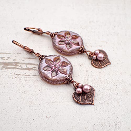 Czech Glass Earrings With Artisan Table-Cut Flower Beads, Powder Pink Simulated Crystal Pearls, And Antiqued Copper Leaf Charms #TOP1