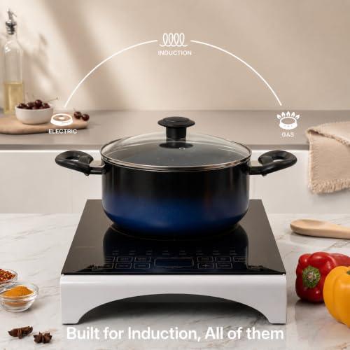Image of Kreme Aura Granite Non Stick Cookware Set 10pcs | Aluminium Cookware Set | Fry Pan 20cm, 26cm, Sauce Pan 16cm, 18cm, Casserole Pot 20cm with 3 Glass Lid | Induction & Gas Compatible, Blue | Granite Cookware Set