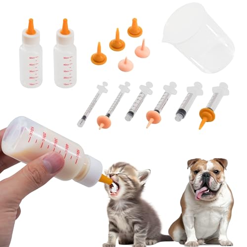 Pet Feeding Bottle and Syringe Set for Puppies and Kittens(2 Bottles 6 Syringes 10 Nipples 1 Storage Measuring Cup)