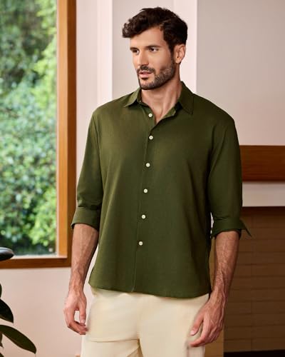 Kallspin Men's Linen Cotton Button Down Shirt Long Sleeve Casual Lightweight Breathable Summer Beach Shirt4
