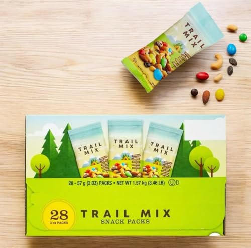 Kirkland Trail Mix Snack Packs – 28 Count, 2 oz Each – Peanuts, Almonds, Cashews, Raisins & Chocolate