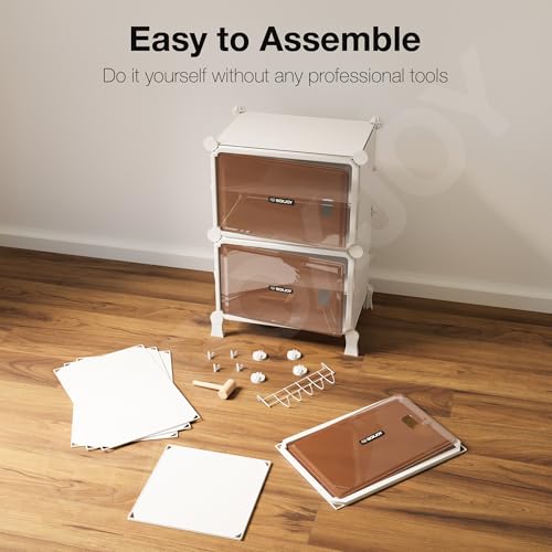 Image of BOXJOY 6 Shelf White Shoe Rack for Home with 3 Brown Doors, Hard PET Plastic with Metal Door Frame, Shoe Chappal Slipper Sandals Stand