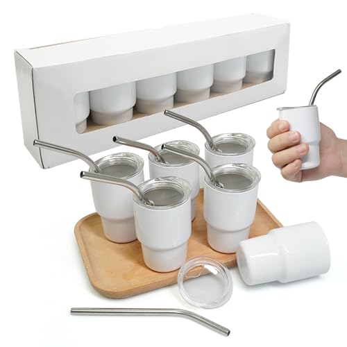 S-SNAIL-OO Mini Tumbler Shot Glass with Straw, Sublimation Double layer metal Cute Shot Glasses Set 3oz with Lids for drinks, coffee, cocktails. (6PC S-White)