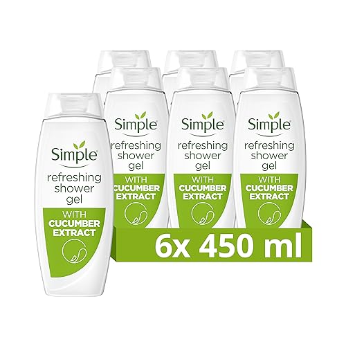 Simple Refreshing Shower Gel Pure Fresh (6 x 450ml), Sensitive Skin Bath Wash & Soap Free Body Cleanser