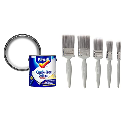 Image of Polycell PLCCFCSM25L Crack-Free Ceilings Smooth Matt - 2.5 L, White and Harris Essentials Walls & Ceilings Paint Brush Set | Pack of 5 | 0.5", 1", 1.5", 2"