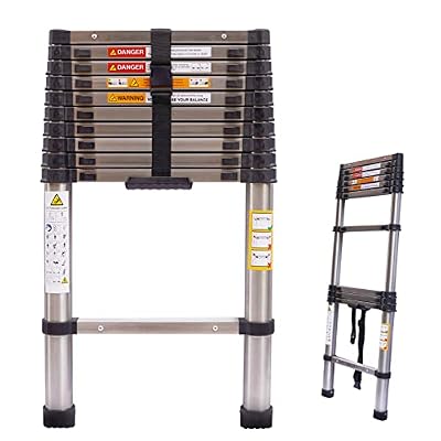 10.5ft Telescoping Ladder Stainless Steel Heavy Duty 330lbs Max Load, EN131 Certificated, Folding Extension Ladder Adjustable Height Portable Compact Collapsible Ladder for Home, Office, DIY, RV