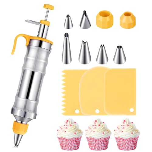 Icing Piping Gun for Cake Decorating, 14Oz Large Piping Icing Syringe Set, Stainless Steel Frosting Baking Tools with 6 Tips 2 Couplers 3 Cake Scrapers, Piping Bags and Nozzles Set