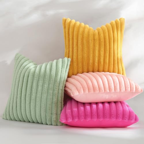Image of decorUhome Fall Cozy Faux Fur Throw Pillow Covers 12x20 Set of 2 Decorative Plush Striped Lumbar Modern Farmhouse Boho Couch Pillow Cases with Velvet Back for Sofa Bed Living Room, Blush Pink