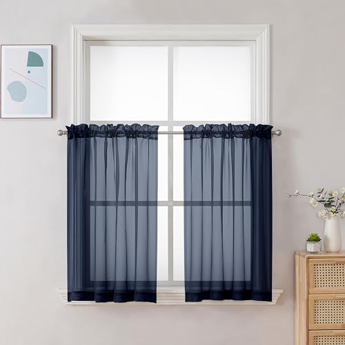 Image of Chyhomenyc Navy Blue Sheer Curtains 30 inch Length 2 Panels, Light Filtering Voile Rod Pocket Short Window Curtians for Bathroom Living Room Farmhouse Small Windows, 42Wx30L inches