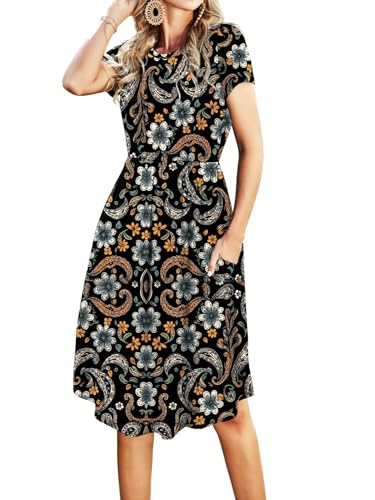 Simier Fariry Womens Summer Modest Work Casual Midi Knee Dress Pocket Short Sleeve Teacher Outfits Spring Travel Clothes, A-black Paisley, X-Large