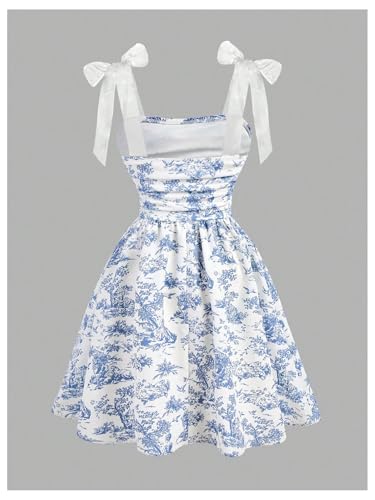 Girl's Floral Cami Dress Tie Shoulder Bowknot Sleeveless Ruched Ruffle Vacation Sundress2