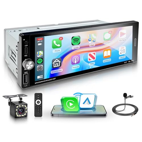 Car Stereo Single Din Wireless Carplay 6.9 inch Touch Screen Android Auto, Rimoody Car Radio with Bluetooth 5.0 Mirror Link FM/EQ USB/AUX/TF/SWC/MIC Car Audio Receiver with Backup Camera