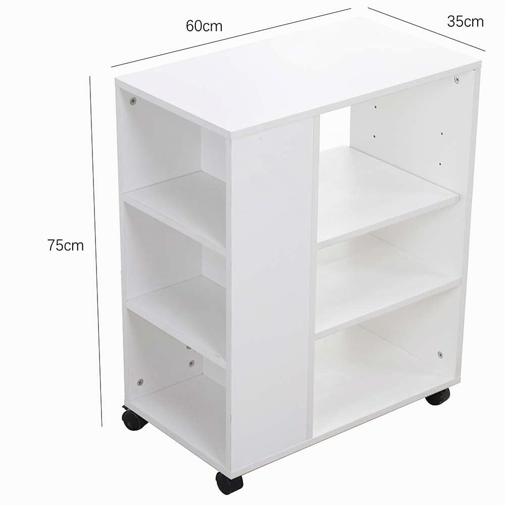 BAKAJI Libreria Bassa Scaffale 4 Ripiani con Ruote in Legno MDF Tavolino da Caffè Laterale Divano Design Moderno per Soggiorno Salotto Casa o Ufficio Colore Bianco Dimensioni: 75 x 35 x 60 cm