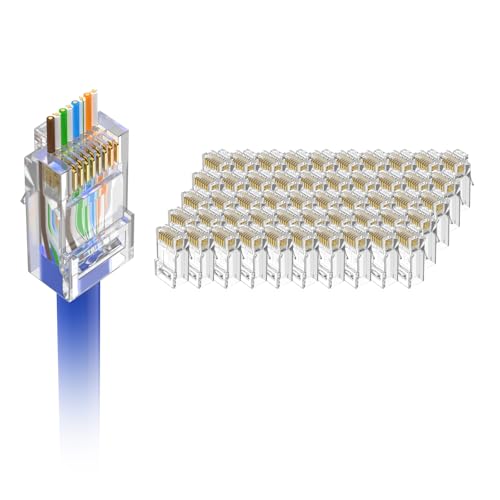 VCE UL Listed Cat6 RJ45 Pass Through Connectors 50-Pack, Cat 6/Cat 5e RJ45 Ends Gold Plated for Solid or Stranded UTP Network Cable Support PoE