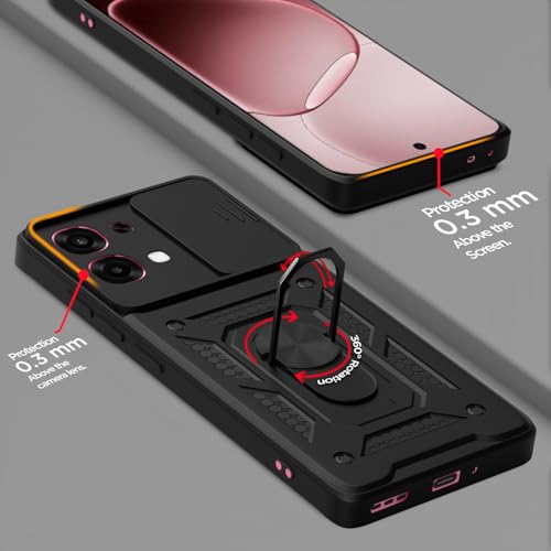 Image of Pikkme Back Cover for Oppo F31 5G / Oppo F33 5G | 360 Protection Case | Sliding Camera Shield Cover & Ring Holder Stand D10 Tough Armor Bumper Case (Black)