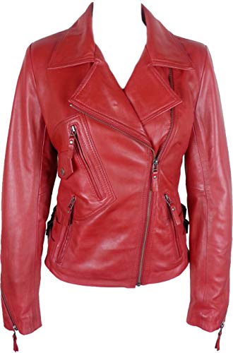 UNICORN Mujeres Corto Motorista Estilo Auténtico Cuero Chaqueta - Encerar Rojo #GB - Tamaño 50 (24)
