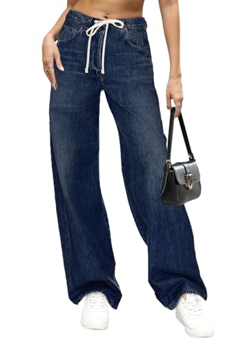 Allimy Womens Drawstring High Waist Wide Leg Jeans Straight Leg Washed Denim Jeans Pants