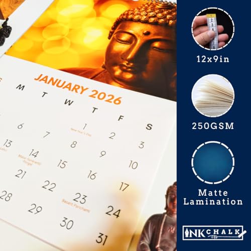 Image of 12 inchx9 inch Buddha Wall Calendar 2026 | HD Buddha Images | Bold Date Grid | Matte Laminated | Indian Holidays | Wiro-Bound