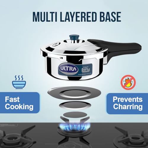 Image of ULTRA Duracook Triply 1.5 L Pressure Cooker | AISI 304 Food Grade Stainless Steel Cooker, Froth Collector, Solid Bakelite Handles, Induction Compatible, Broad Base, 5 Years Warranty