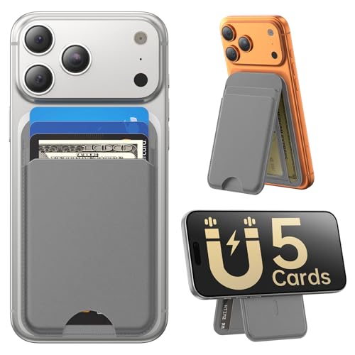 Fanseesy for MagSafe Wallet with Stand, 5 Card Holder, Slim Leather Magnetic Wallet for iPhone 18/17/16/15/14/13/12 Pro Max Plus Air Series, 3 Card Slots & 1 Cash Slot,Grey