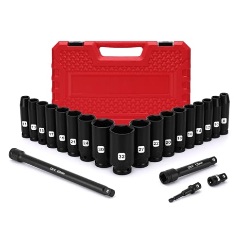 Image of MIXPOWER 22-Piece 1/2" Drive Deep Impact Socket Set, 8mm to 32mm, Metric, 6 Point, with Extension Bars and Adapter, CR-V