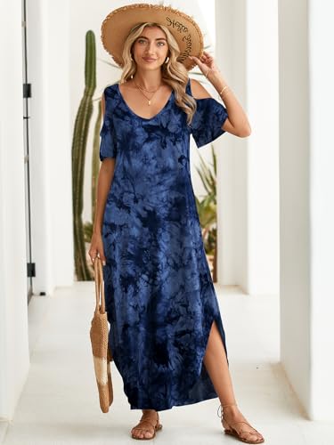 Image of BELAROI Womens Cold Shoulder Maxi Dress Plus Size V Neck Summer Sundresses with Pockets Beach Coverup Vacation Outfits