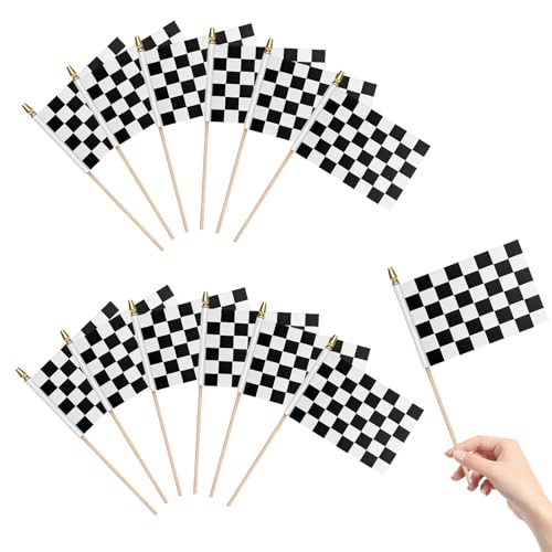 AEHKD 12Pack Small Checkered Black and White Racing Flags Hand Held Flag Mini Race Car Flags on Wooden Stick Garden Outdoor Decorations 4x6 Inch