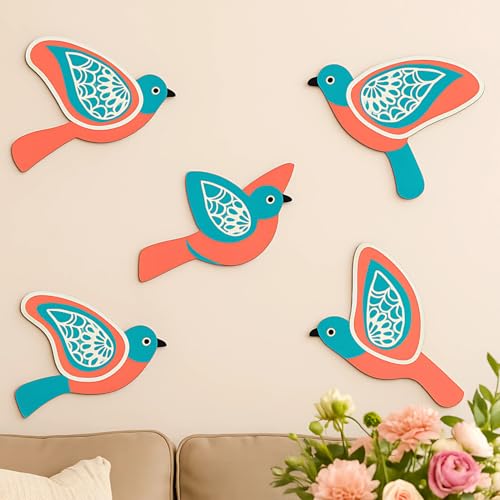 Image of GiftOday Wooden 3D 5 Pieces Birds for Wall Art Panel | Wood Bird Art Wall Hanging Art Decoration Item for Living Room, Bedroom, Drawing Room, Dining Room & Office (Aqua & Orange) Pack of 1