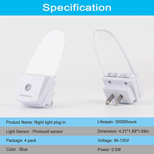 Image of GREENIC Plug in LED Night Light Lamp 4 Pack with Light Sensor Blue