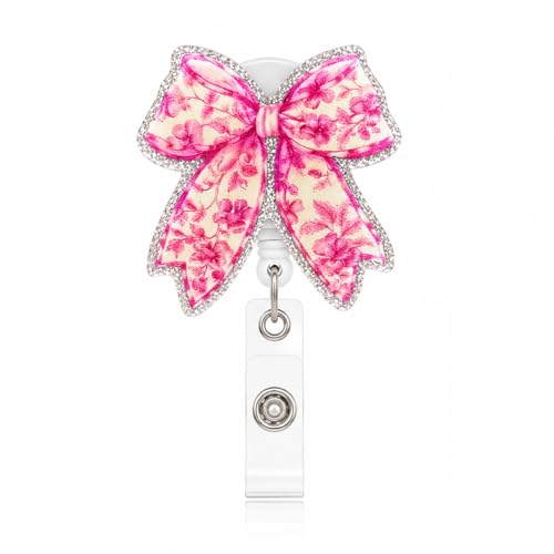 Badge Reel Cute Retractable ID Card Holders with Clip, Pink Bow Badge Holder for Nurses, Doctor, Teachers, Nursing Student, 360° Rotating Design, 60CM Extension Cord (Pink Bow)