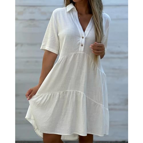 Beach Swimsuit for Women Cotton Linen Short Sleeve V Neck Coverups Dress Bikini Cover Up Shirt Button Down Midi Dress2