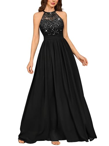 Miusol Women's Sequin Lace Sleeveless Halter Tie Formal Evening Maxi Dress (Large, Black)