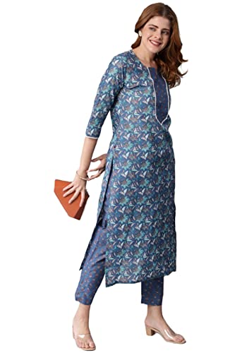 Image of GoSriKi Women's Cotton Blend Printed Straight Kurta With Pant