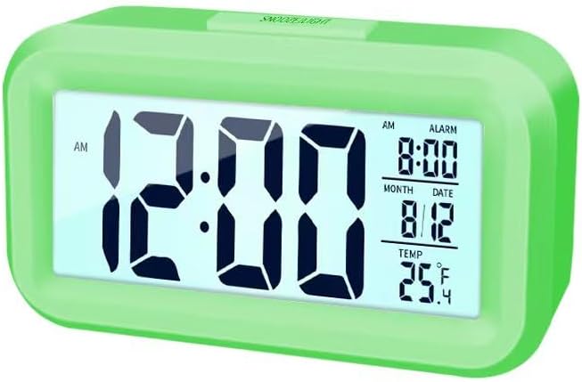 Upgraded Digital Alarm Clock, 4.3" LED Display with Temperature Larger Lound Light Control Portable Snooze Calendar Brightness with Battery Powered Alarm Clocks Bedside for Everyone (Green)