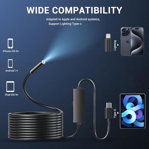 Image of 1920P HD Endoscopic Camera, Borescope with 8 Adjustable LED Lights, Inspection Camera with 5M Semi-Rigid Cable, IP67 Waterproof Endoscope for iPhone, iPad and Android Phones