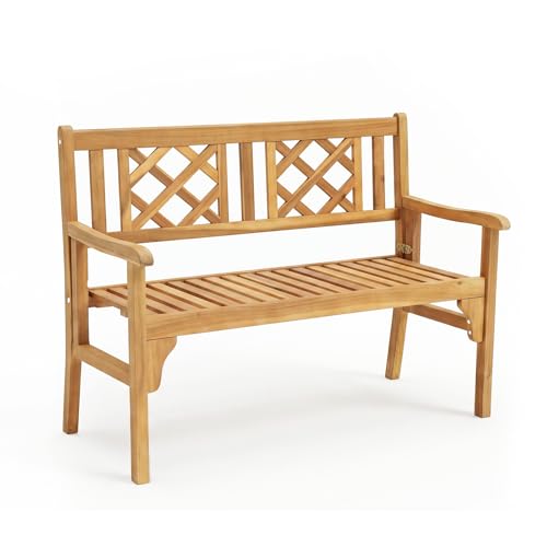 Tangkula Folding Outdoor Wood Garden Bench, Foldable Acacia Wood Patio Bench with Wide Curved Armrest & Backrest, Outside 2-Person Loveseat Chair for Entryway, Yard, Deck, Balcony & Park
