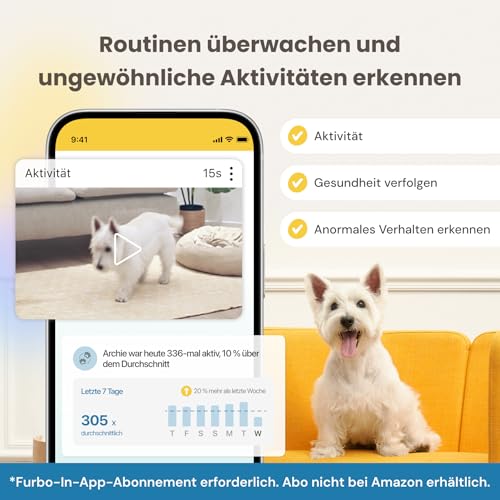 Furbo 360° Hundekamera mit Heimsicherheits-Paket [Premium MIT ABO]: Intelligente Kamera mit App für Hund & Heim, Rotierende 360° Sicht, Farbnachtsicht, Tracking, Leckerliwurf, Bell-Alarm, Smart Alerts