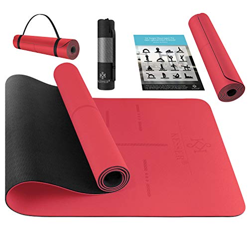 KESSER® Esterilla de Gimnasia con Correa de Transporte, Esterilla de Yoga de TPE, Acolchada y Antideslizante, 183 x 61, Esterilla de para Deportes de Fitness, Pilates y Gimnasia, Rojo/Negro Cover