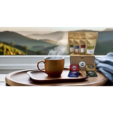 Split Oak Coffee Gift Set - 4 Medium Roast Coffees whole beans varieties: Peru, Brazil, Guatemala, Ethiopia and 4 Assorted Delicious Chocolate Squares Cover