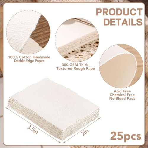 Image of 25 Sheets Watercolor Paper, 2 x 3.5, Deckled Edge Handmade Paper | 300 GSM paper, cold-pressed texture, absorbs watercolor evenly, for painting, cards, and crafts